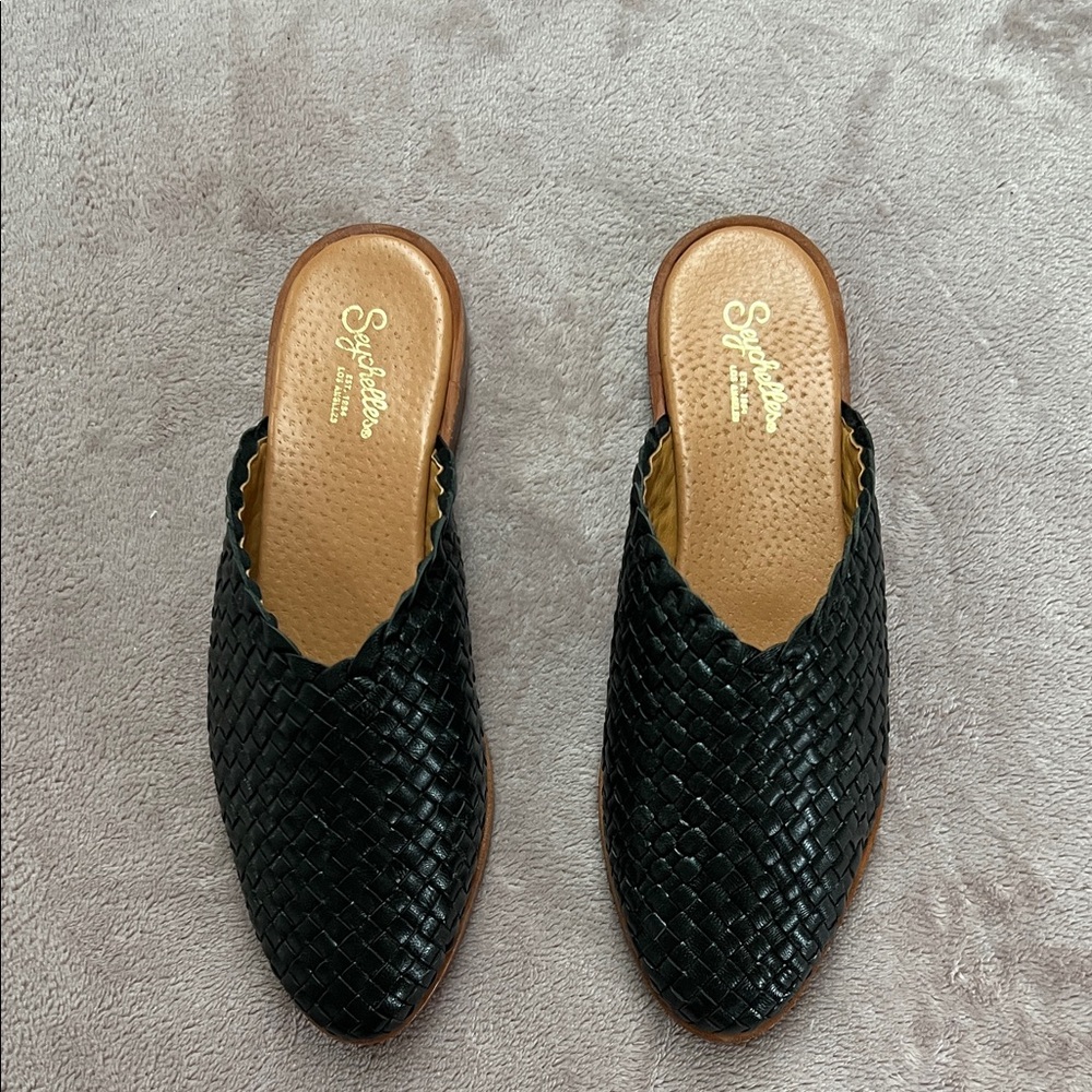 Seychelles Black Woven Slip-On Mules with Tan Footbed